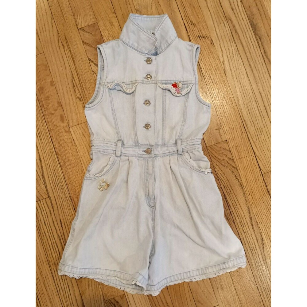Bonjour Vintage Girls One-Piece Denim Romper Button Zip Up Jumpsuit Shorts